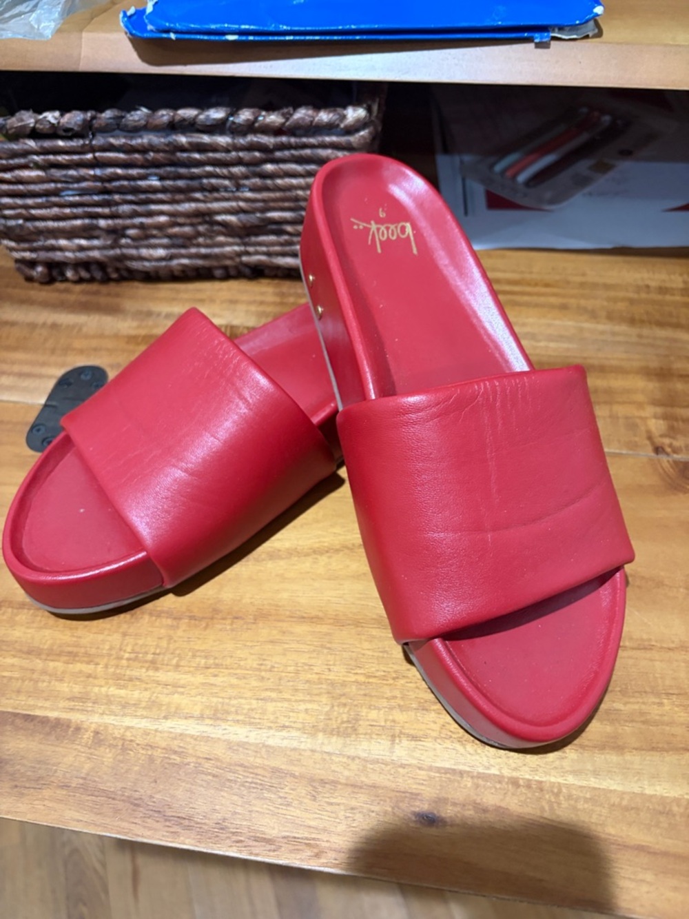 beek Red Leather Wide Strap Slide Sandals